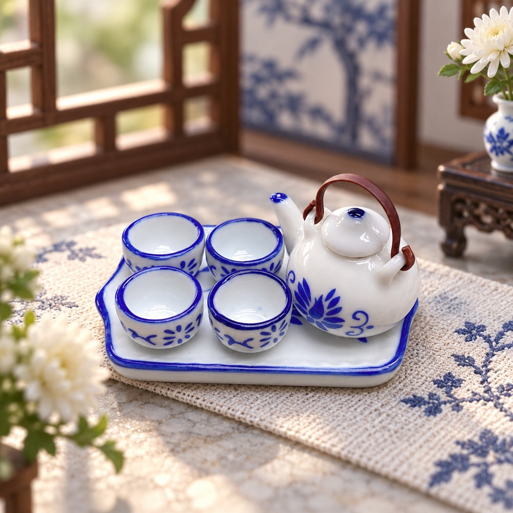 1:12 Scale Miniature Ceramic Tea Set, DIY Model for Dollhouse Kitchen & Dining Room