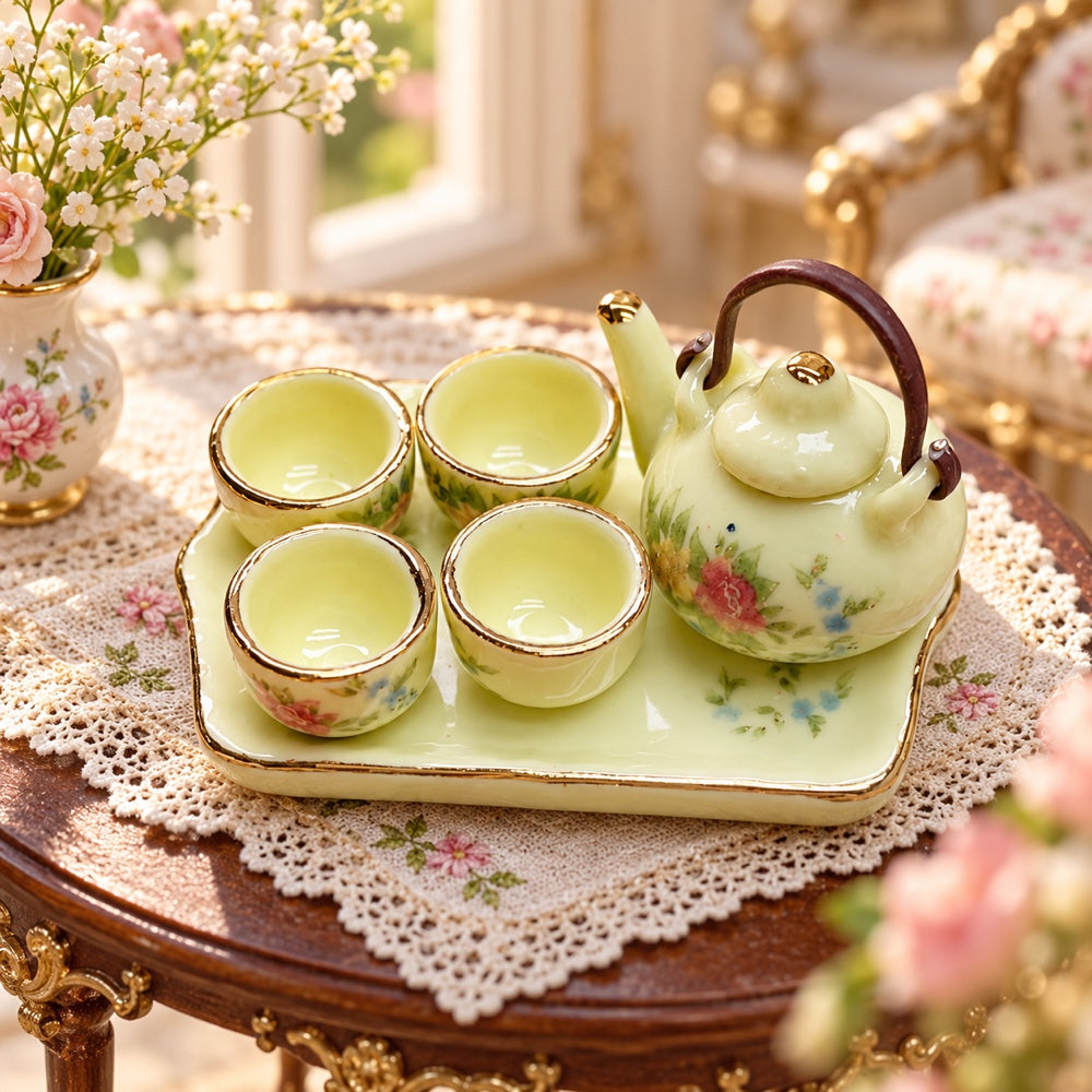 1:12 Scale Miniature Ceramic Tea Set, DIY Model for Dollhouse Kitchen & Dining Room
