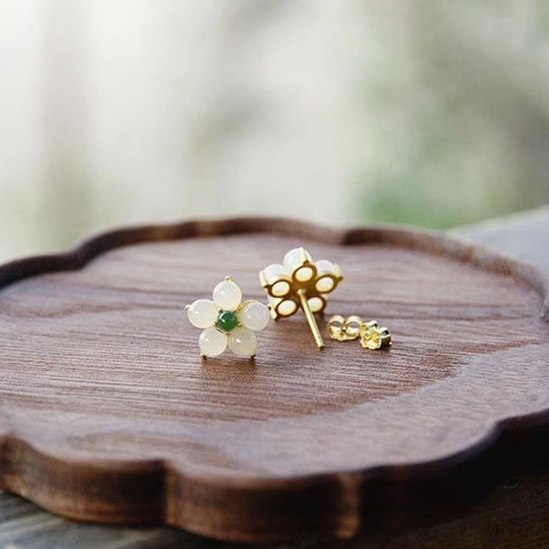 White Jade Flower Luck Blessing Stud Earrings