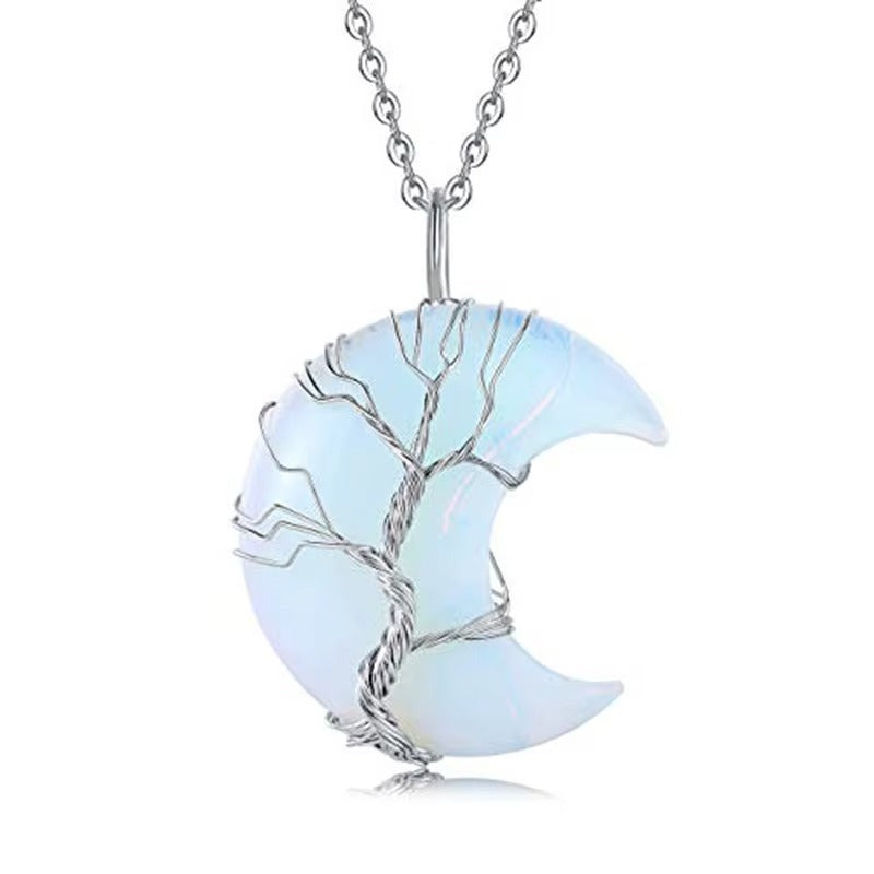 Natural Quartz Crystal Moon Tree Of Life Healing Energy Necklace Pendant