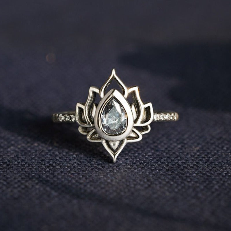 Sterling Silver Lotus Zircon Blessing Protection Ring
