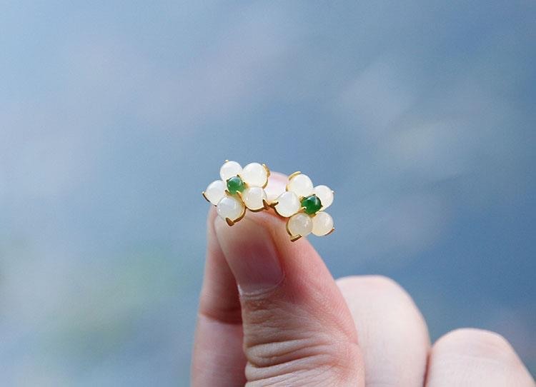 White Jade Flower Luck Blessing Stud Earrings