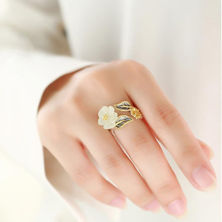 925 Silver Plated Copper White Jade Plum Flower Leaf Luck Ring