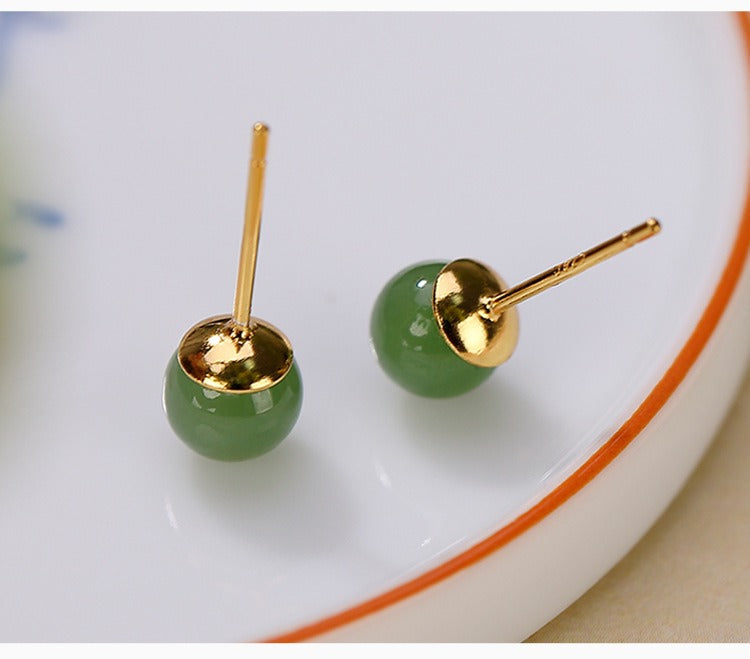 925 Sterling Silver Round Cyan Jade Healing Calm Stud Earrings