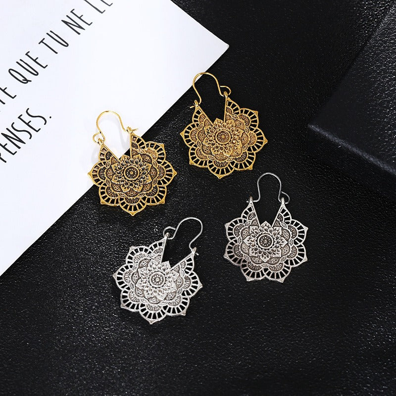 Tibetan Lotus Engraving Copper Blessing Drop Earrings