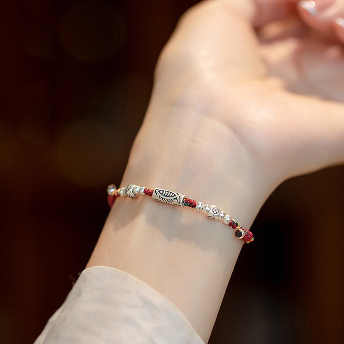 925 Sterling Silver Luck Koi Fish Braided Colorful String Bracelet Anklet