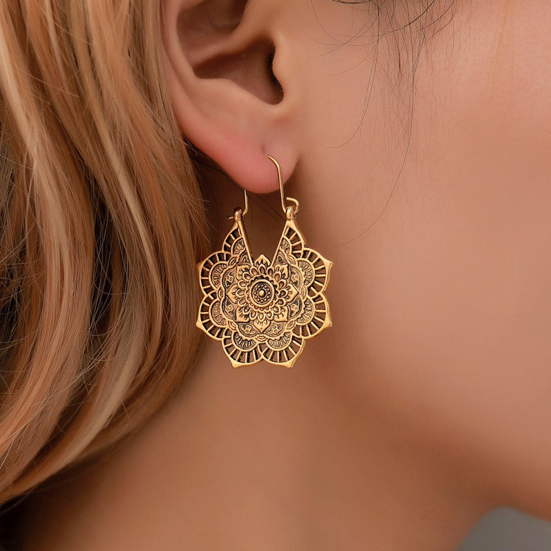 Tibetan Lotus Engraving Copper Blessing Drop Earrings