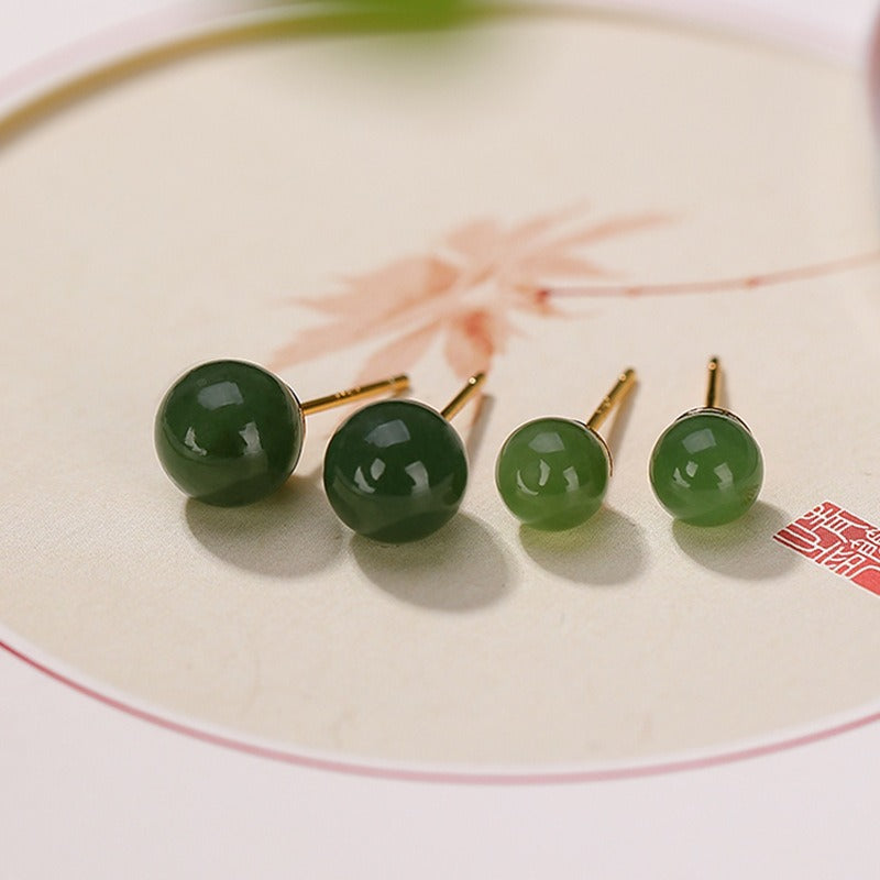 925 Sterling Silver Round Cyan Jade Healing Calm Stud Earrings