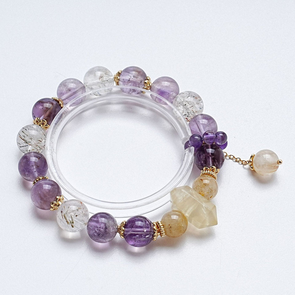 Natural Amethyst Rutilated Quartz Crystal Inner Peace Healing Bead Charm Bracelet