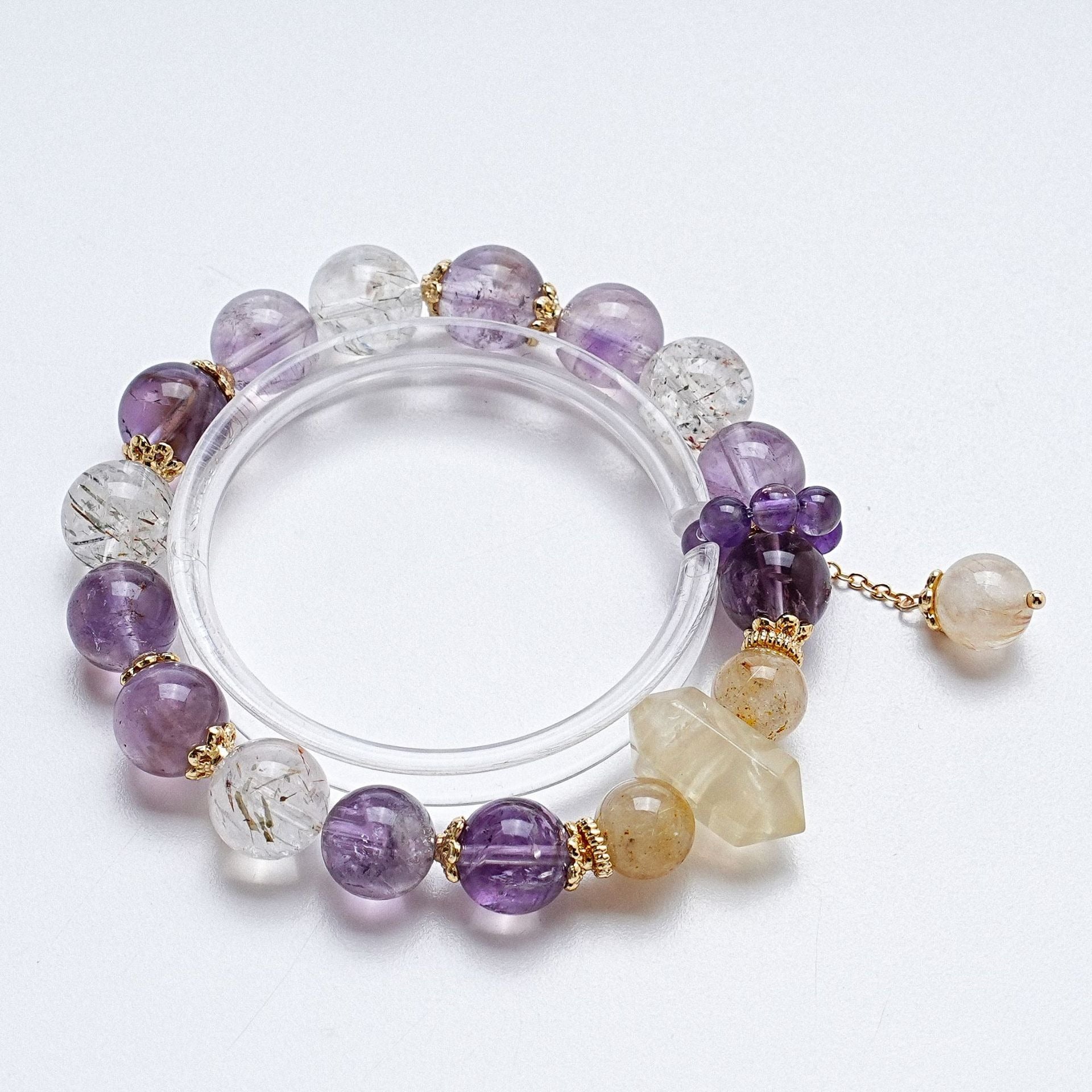 Natural Amethyst Rutilated Quartz Crystal Inner Peace Healing Bead Charm Bracelet