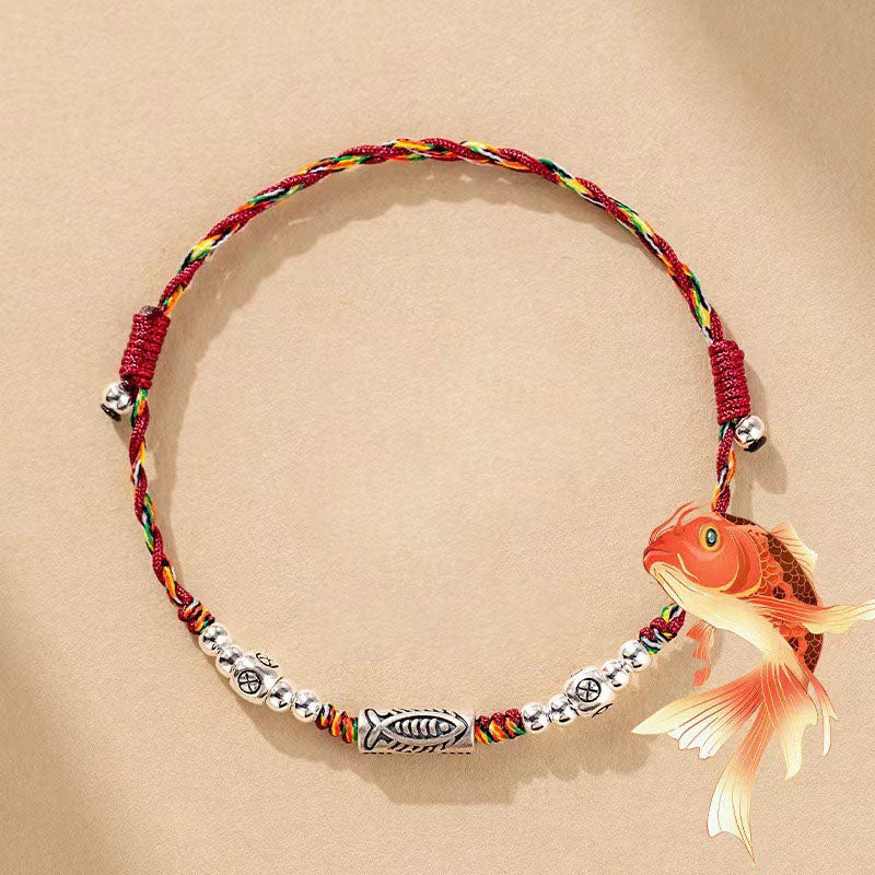 925 Sterling Silver Luck Koi Fish Braided Colorful String Bracelet Anklet