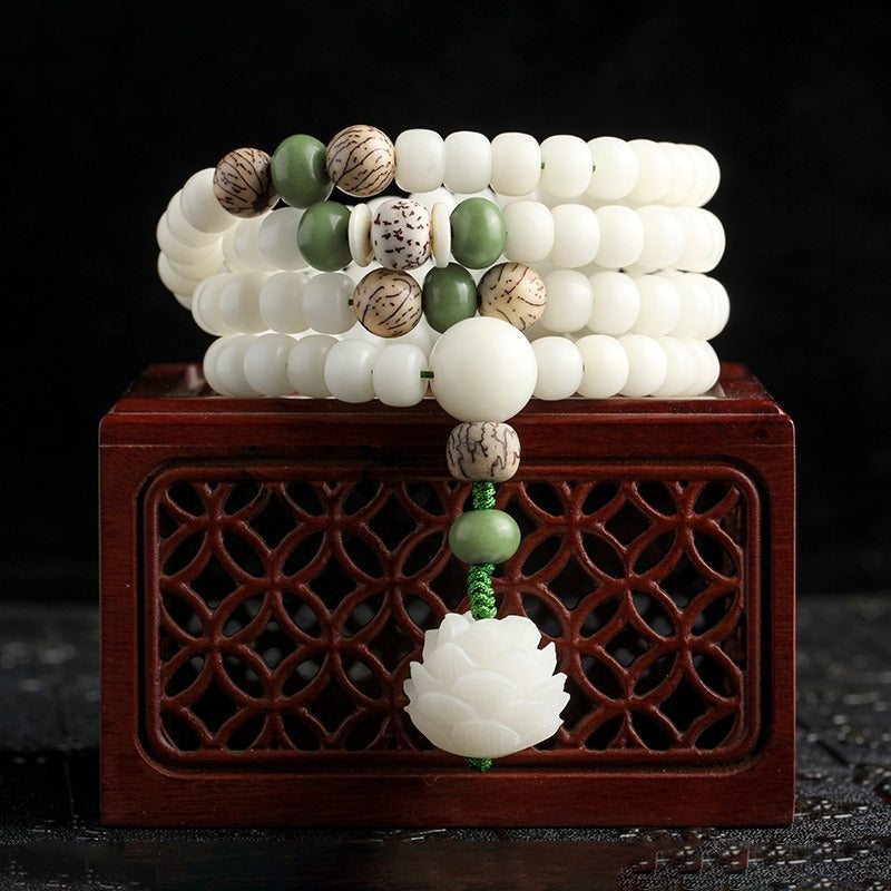 White Jade Bodhi Lotus Mala Harmony Necklace Bracelet