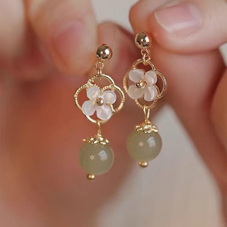 Tridacna Stone Flower Jade Bead Blessing Drop Earrings