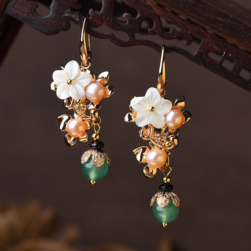 14K Gold Plated Tridacna Stone Flower Pearl Green Aventurine Bead Drop Earrings