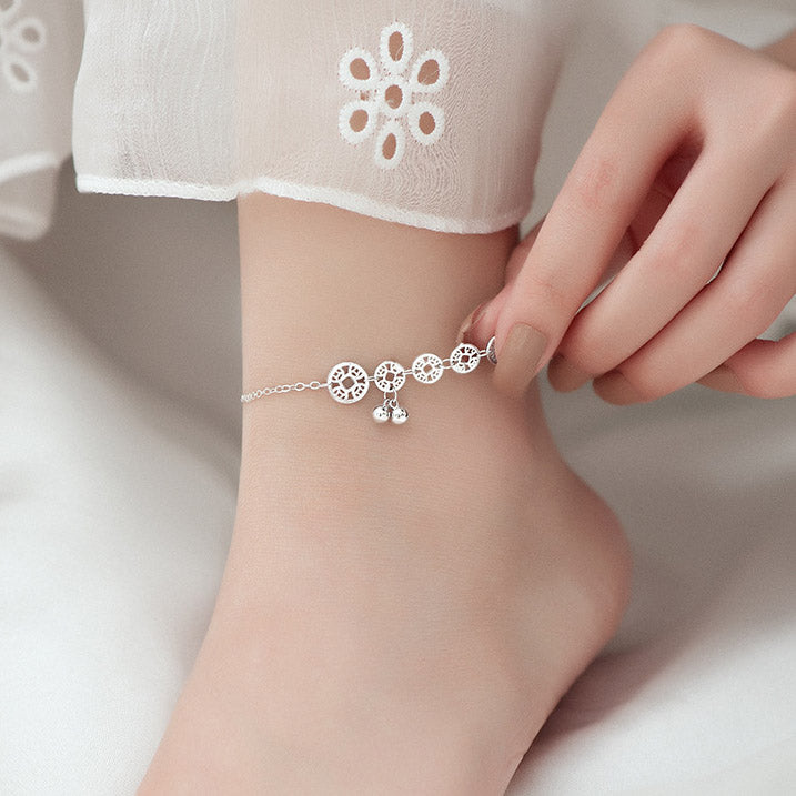 925 Sterling Silver Copper Coins Bells Protection Metal Anklet