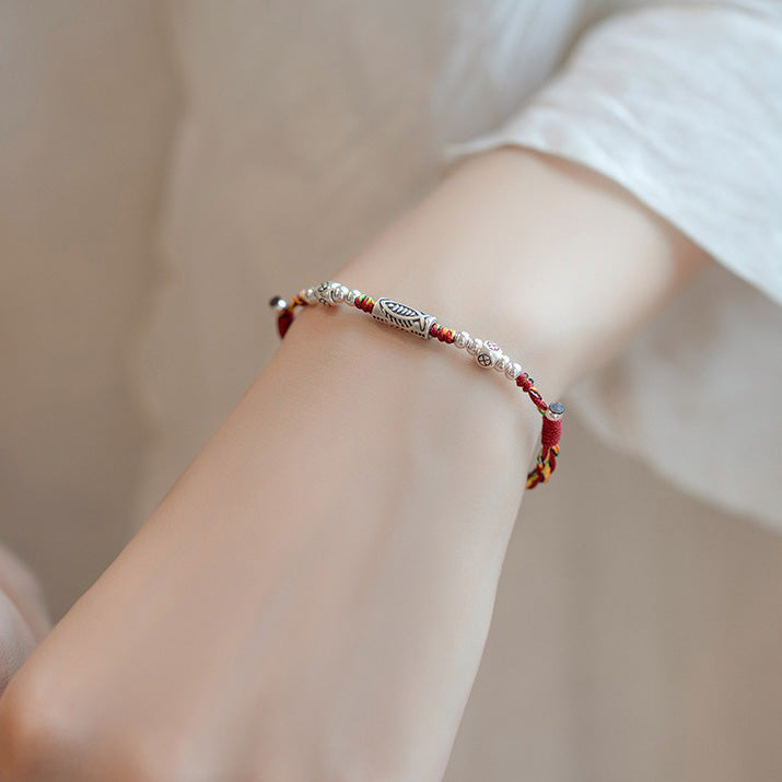 925 Sterling Silver Luck Koi Fish Braided Colorful String Bracelet Anklet