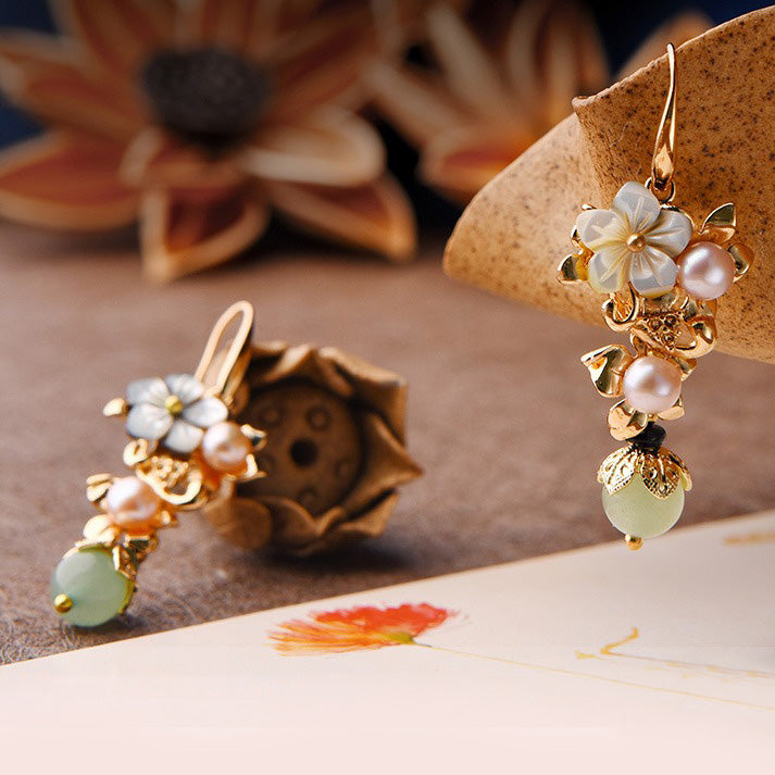 14K Gold Plated Tridacna Stone Flower Pearl Green Aventurine Bead Drop Earrings
