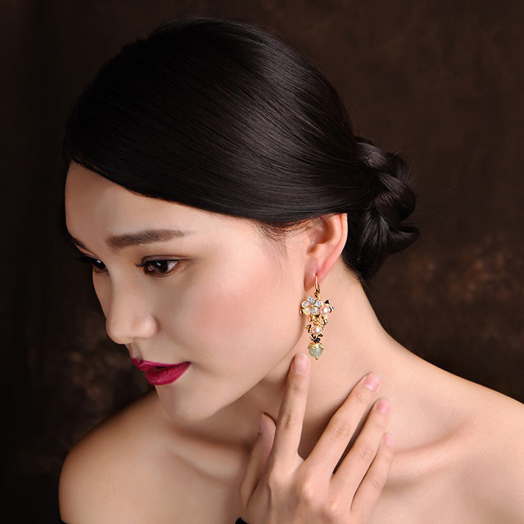 14K Gold Plated Tridacna Stone Flower Pearl Green Aventurine Bead Drop Earrings