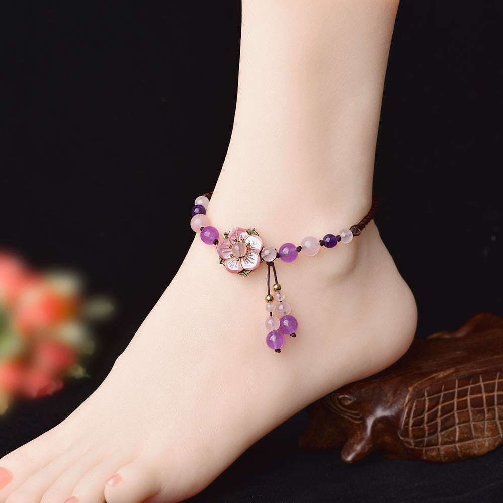 Natural Amethyst Rose Quartz Crystal Charm Lucky Healing Anklet