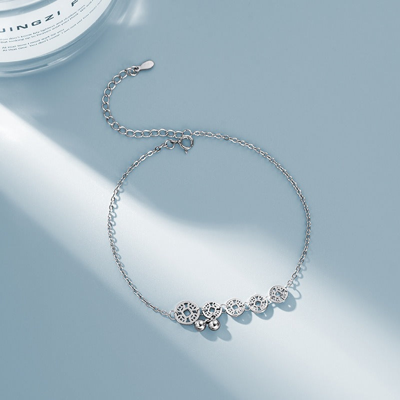 925 Sterling Silver Copper Coins Bells Protection Metal Anklet