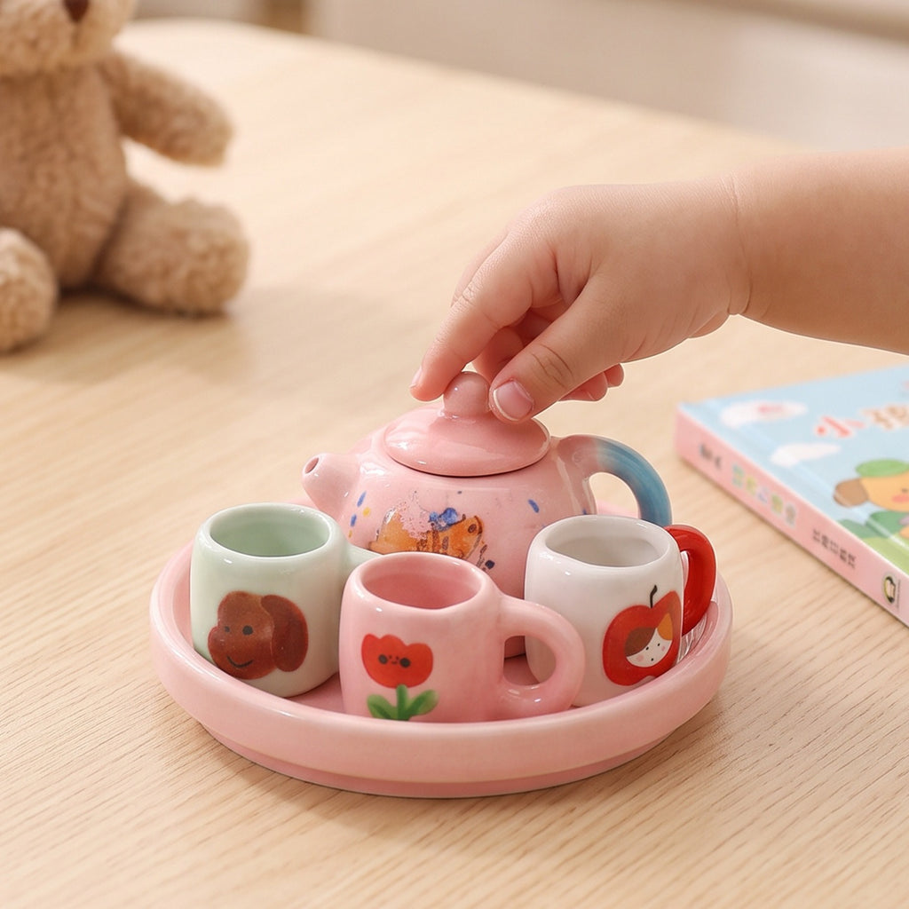 Cartoon painted mini ceramic tea set, children's play house simulation teapot, teacup, parent-child fun toys