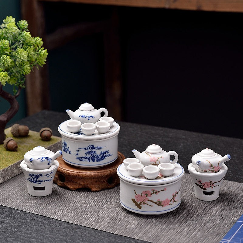 Miniature Decorative Ceramic Tea Set with Stove and Tray