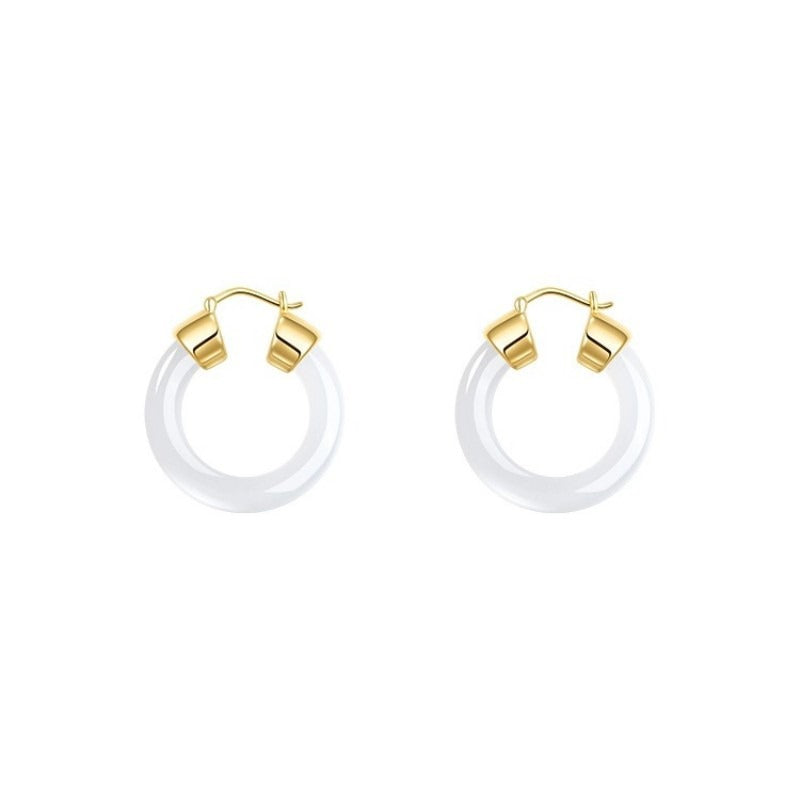 Round Jade White Jade Prosperity Earrings