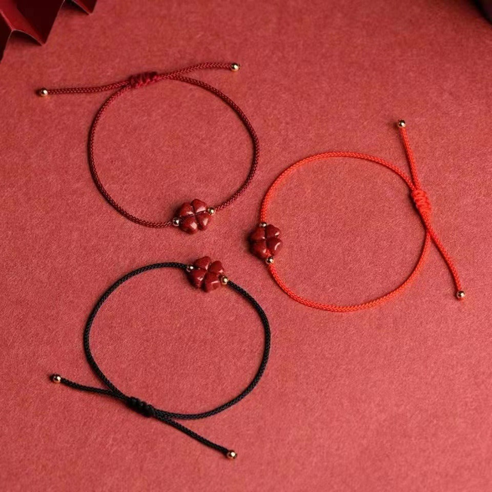 Natural Cinnabar Four Leaf Clover Blessing Red String Bracelet Anklet