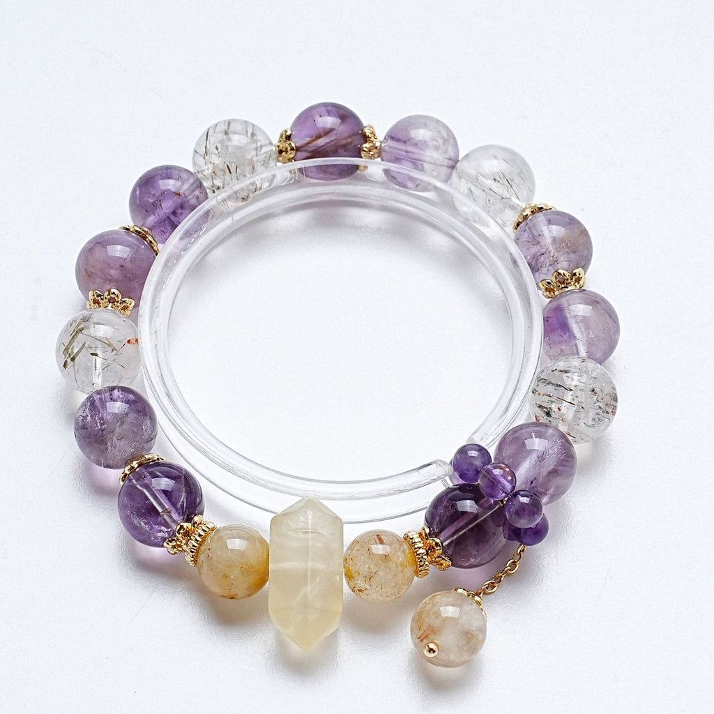 Natural Amethyst Rutilated Quartz Crystal Inner Peace Healing Bead Charm Bracelet
