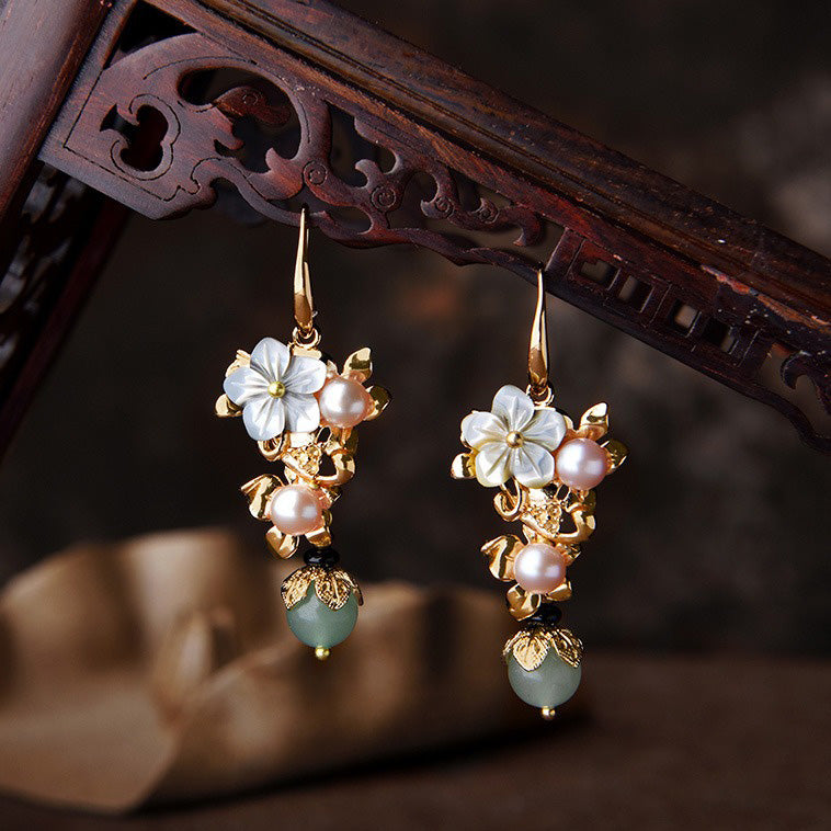 14K Gold Plated Tridacna Stone Flower Pearl Green Aventurine Bead Drop Earrings