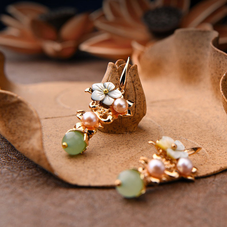 14K Gold Plated Tridacna Stone Flower Pearl Green Aventurine Bead Drop Earrings