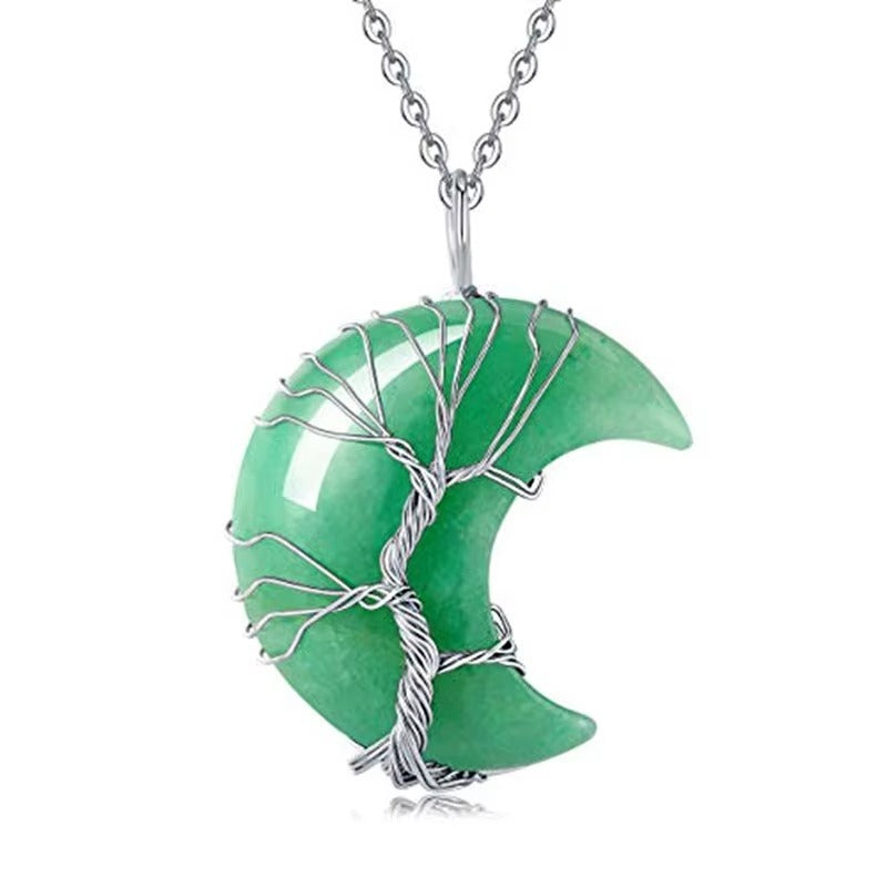 Natural Quartz Crystal Moon Tree Of Life Healing Energy Necklace Pendant