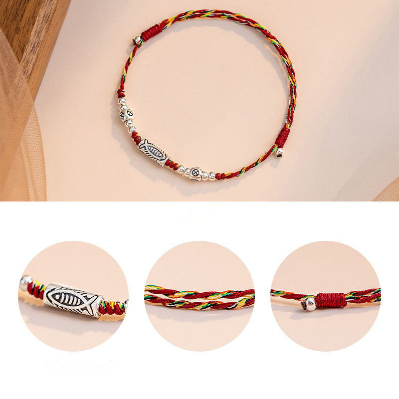 925 Sterling Silver Luck Koi Fish Braided Colorful String Bracelet Anklet
