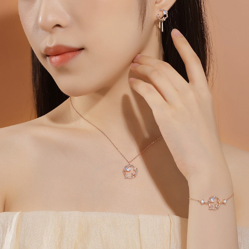 925 Sterling Silver Year of the Rabbit Moonstone Moon Flower Pattern Necklace Pendant Bracelet Earrings
