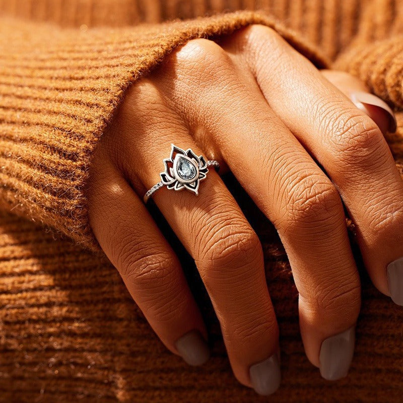 Sterling Silver Lotus Zircon Blessing Protection Ring
