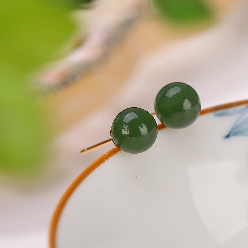 925 Sterling Silver Round Cyan Jade Healing Calm Stud Earrings