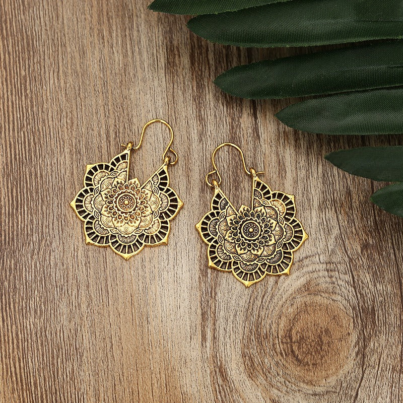 Tibetan Lotus Engraving Copper Blessing Drop Earrings