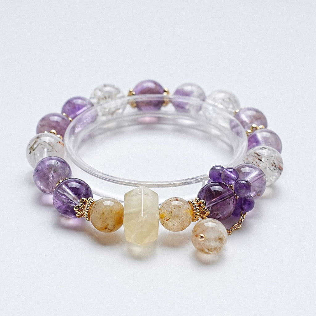 Natural Amethyst Rutilated Quartz Crystal Inner Peace Healing Bead Charm Bracelet
