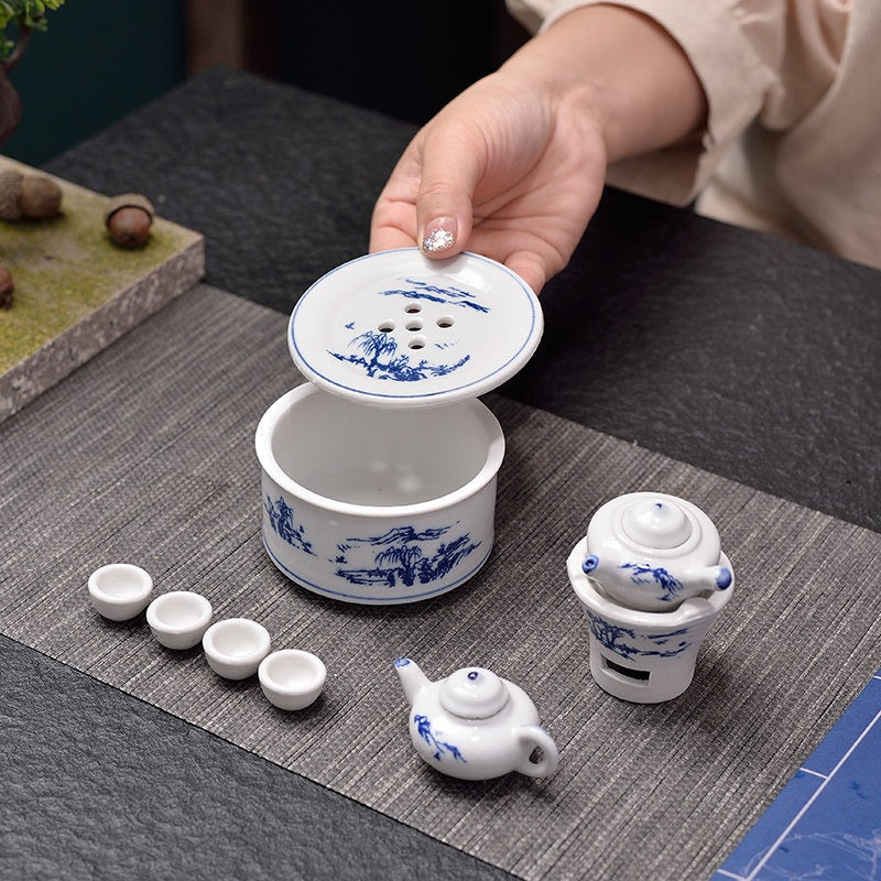 Miniature Decorative Ceramic Tea Set with Stove and Tray