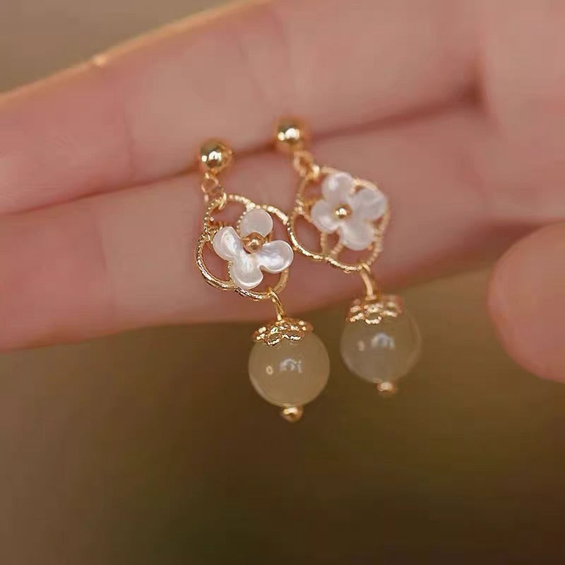 Tridacna Stone Flower Jade Bead Blessing Drop Earrings