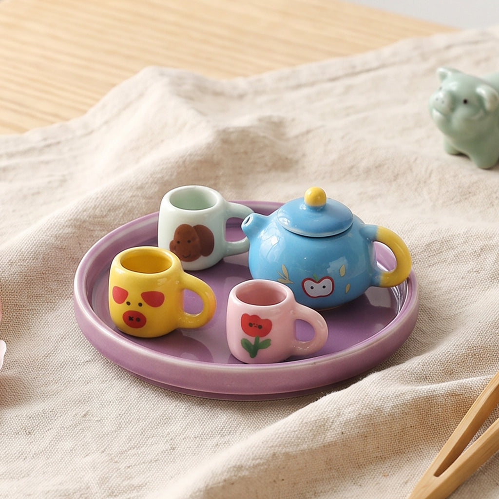 Cartoon painted mini ceramic tea set, children's play house simulation teapot, teacup, parent-child fun toys