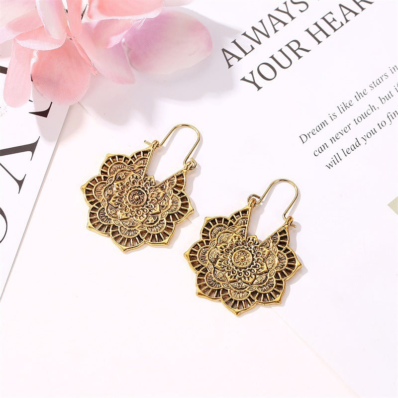 Tibetan Lotus Engraving Copper Blessing Drop Earrings
