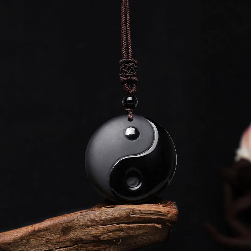 Obsidian Taoism Five Sacred Mountains Nine-Character Mantra Carved Purification Yin Yang Necklace Pendant