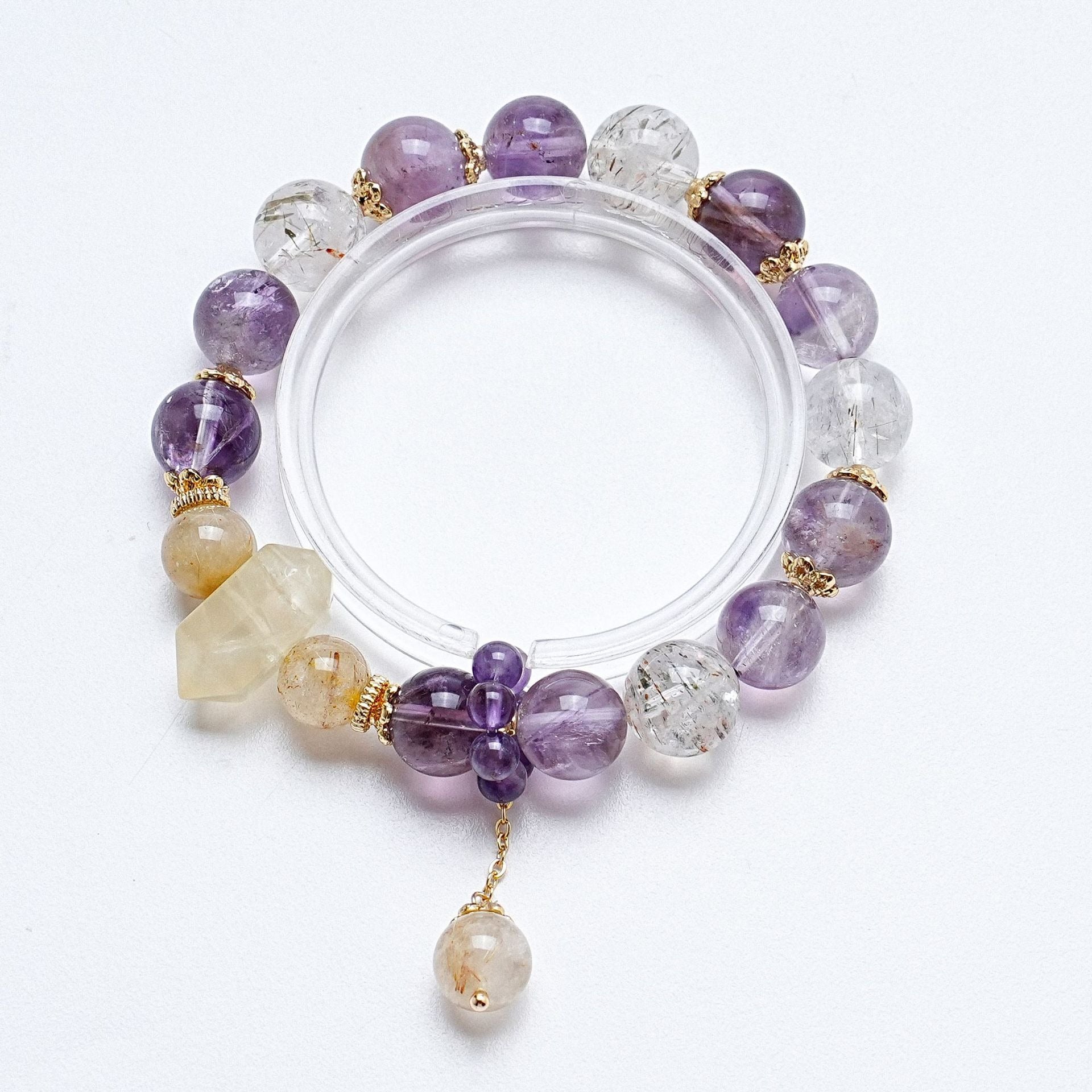 Natural Amethyst Rutilated Quartz Crystal Inner Peace Healing Bead Charm Bracelet
