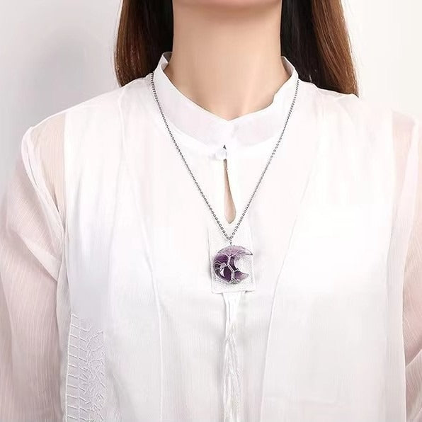 Natural Quartz Crystal Moon Tree Of Life Healing Energy Necklace Pendant