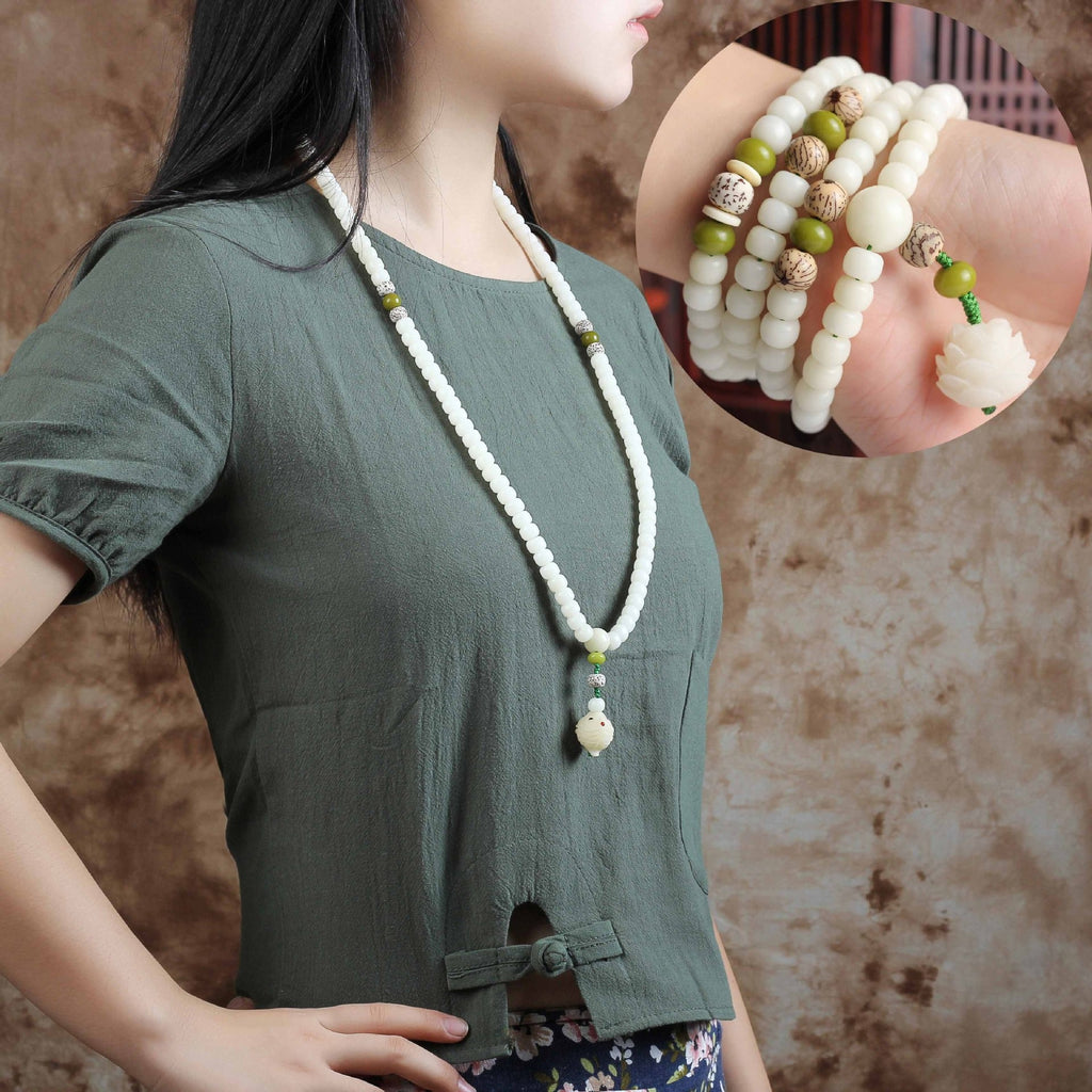 White Jade Bodhi Lotus Mala Harmony Necklace Bracelet