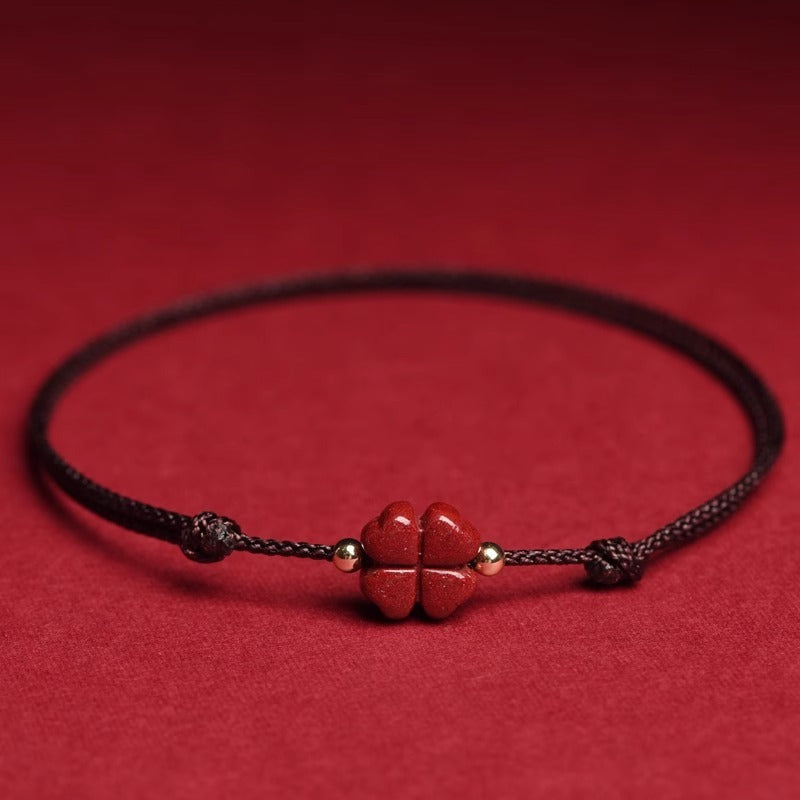 Natural Cinnabar Four Leaf Clover Blessing Red String Bracelet Anklet