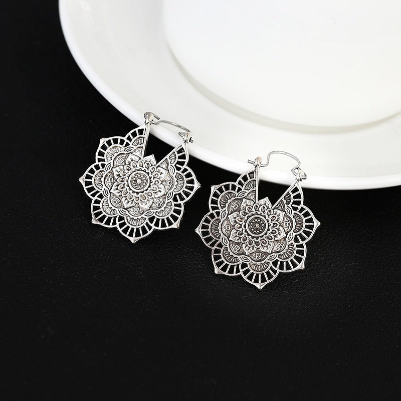 Tibetan Lotus Engraving Copper Blessing Drop Earrings