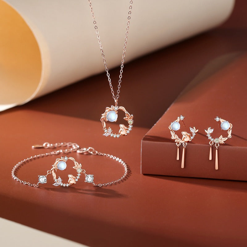 925 Sterling Silver Year of the Rabbit Moonstone Moon Flower Pattern Necklace Pendant Bracelet Earrings