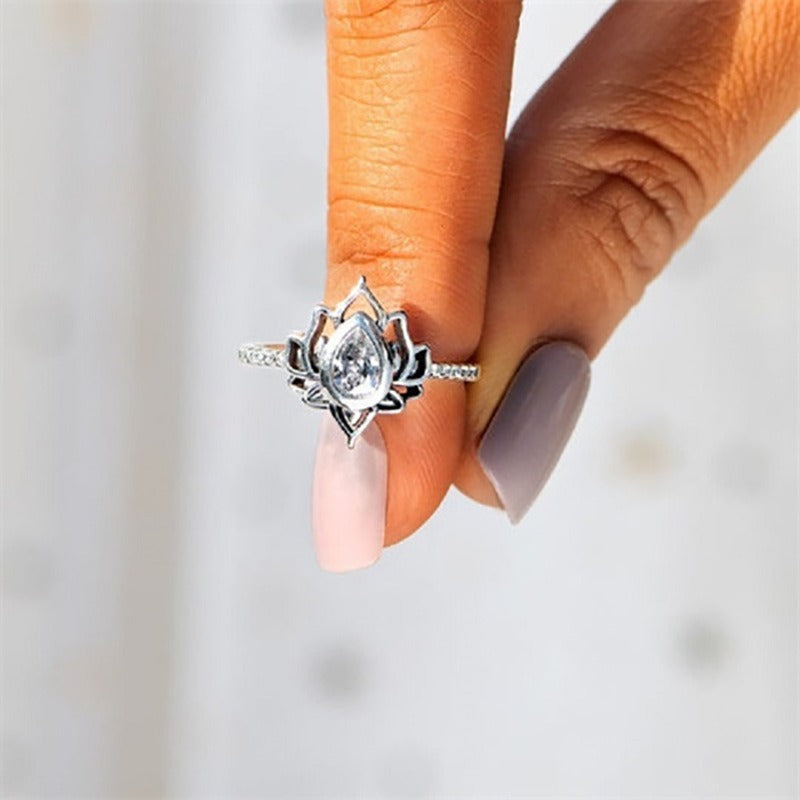 Sterling Silver Lotus Zircon Blessing Protection Ring